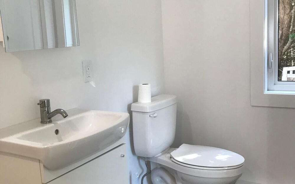 Bathroom with wood finished floors, vanity, and baseboard heating